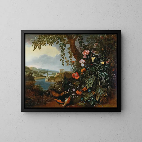a landscape with flowers and a marten and bird trap - Matthias Withoos — framed artwork on a wall