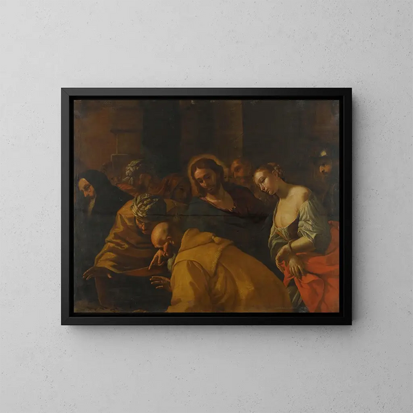 The Christ and the Woman Caught in Adultery - Mattia Preti — framed artwork on a wall