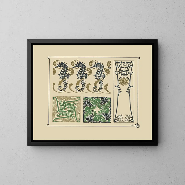 Abstract ontwerp schilderij gebaseerd op zeepaardjes, hagedissen en kleine bladeren - Maurice Pillard Verneuil — ingelijst kunstwerk aan de muur