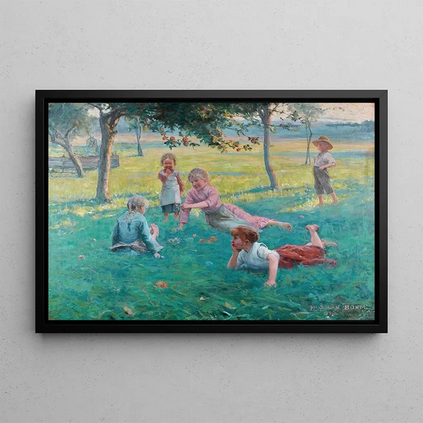 Children lying in the grass - Max Bohm — framed artwork on a wall