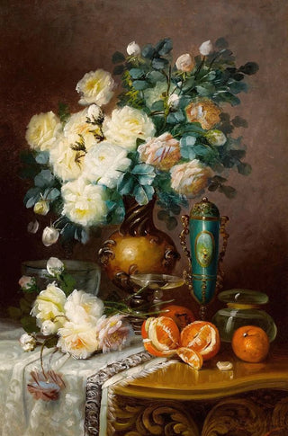 Max Carlier - White Roses Oranges and Porcelain Urn on Draped Table.webp