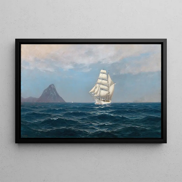 A sailing boat and a steamship near the coast - Max Jensen — framed artwork on a wall