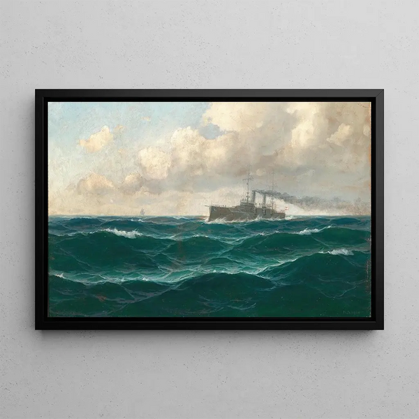 Marine landscape with cruiser - Max Jensen — framed artwork on a wall