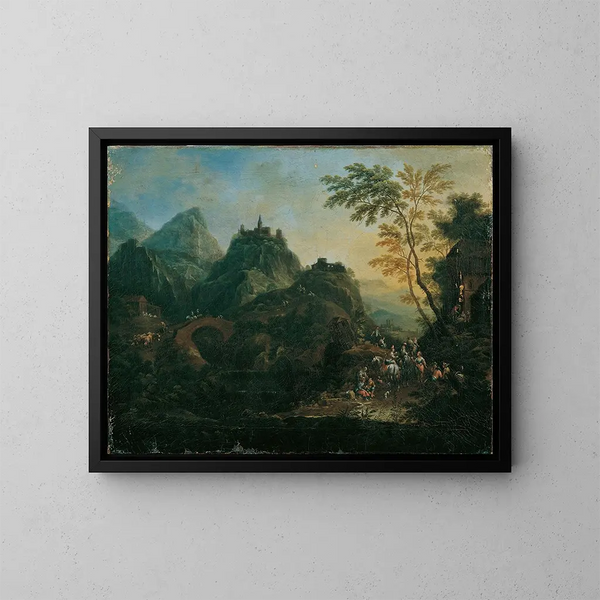 Alpine landscape with bridge - Maximilian Joseph Schinnagl — framed artwork on a wall