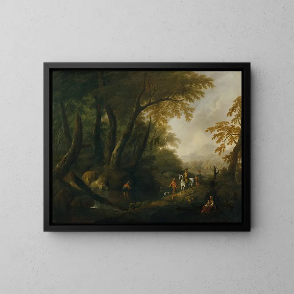 Landscape painting with a stream on the left - Maximilian Joseph Schinnagl — framed artwork on a wall