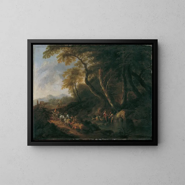 Landscape painting with a stream on the right - Maximilian Joseph Schinnagl — framed artwork on a wall