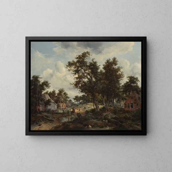 a wooded landscape with travelers on a path through a hamlet - Meindert Hobbema — framed artwork on a wall