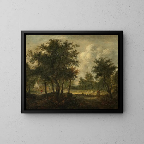 Landscape painting with figures - Meindert Hobbema — framed artwork on a wall
