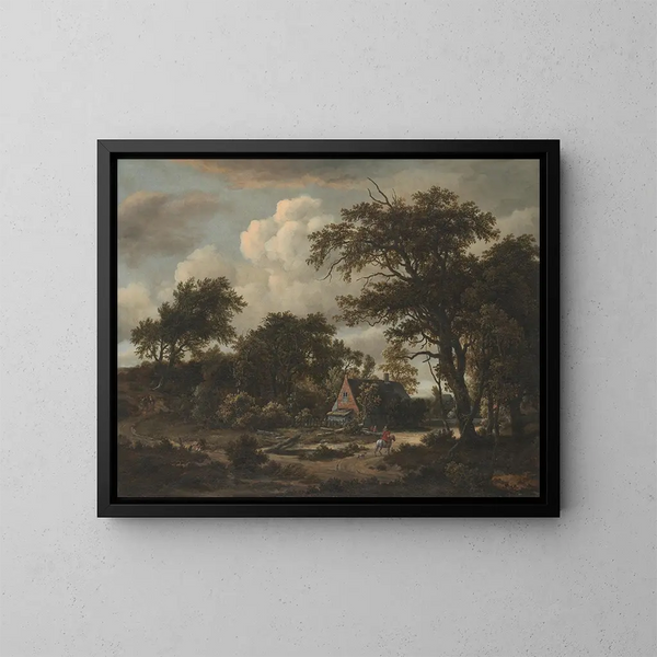 Landscape wooded with cottage and rider - Meindert Hobbema — framed artwork on a wall