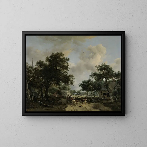 a wooded landscape with cheerful companions in a cart - Meindert Hobbema — framed artwork on a wall