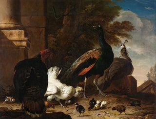 Melchior dHondecoeter - A Hen with Peacocks and a Turkey.webp