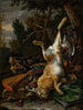 van een stilleven met wild, met een haas, een varkenskop en een musket in een landschap - Melchior d'Hondecoeter — weergave van het kunstwerk