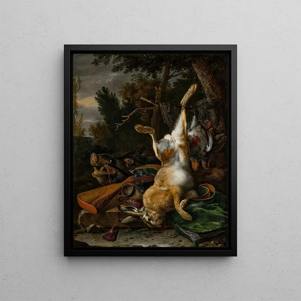 Melchior dHondecoeter - A game still life with a hung hare a boars head and a musket in a landscape.webp
