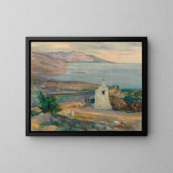 A coastal landscape at sunset with chapel - Menci Clement Crnčić — framed artwork on a wall