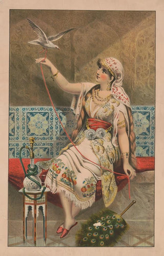 Mensing Stecher - Woman seated with peacock fan hookah pipe and white bird.webp