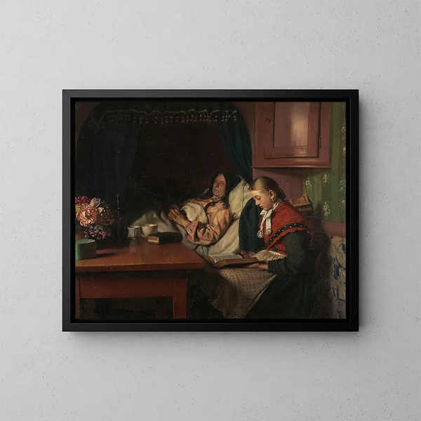 bij het bed van grootmoeder - Michael Ancher — ingelijst kunstwerk aan de muur