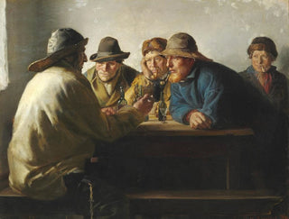 Michael Ancher - Fiskere omkring et bord drikker en fyraftensl.webp