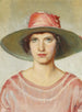 Portret van een meisje gekleed in een felrode jurk en een strooien hoed met een felrood lint - Michael Ancher — weergave van het kunstwerk