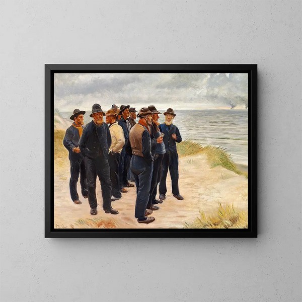 Vissers van Skagen kijken naar de zee - Michael Ancher — ingelijst kunstwerk aan de muur