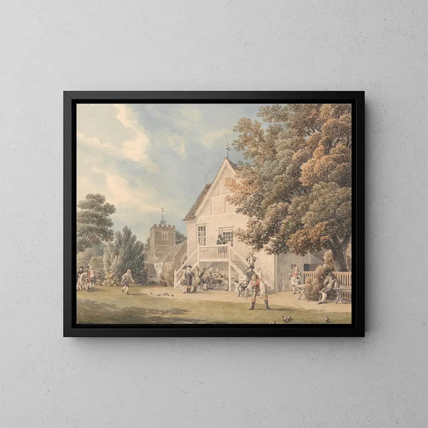 A game of boules on the boules court in front of the Bunch of Grapes inn in Hurst, Berkshire - Michael Angelo Rooker — framed artwork on a wall