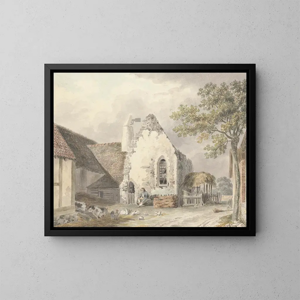 A young man on a farm with pigs and poultry - Michael Angelo Rooker — framed artwork on a wall