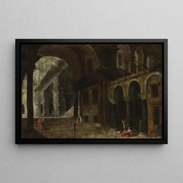 Architectural Fantasy Painting with a Prison Courtyard - Michele Marieschi — framed artwork on a wall