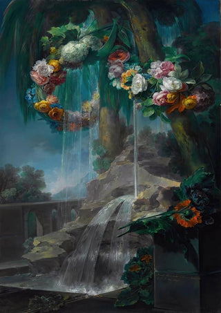 Miguel Parra Abril - An Outdoor Scene With A Spring Flowing Into A Pool With Garlands Of Flowers And An Aqueduct Beyond.webp