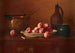 Natuurschilderij met perziken, koperen pot, groene kan en wijnfles op commode - Milne Ramsey — weergave van het kunstwerk