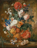 van Pioenen, rozen, anjers, irissen, anemonen, aurikels en andere bloemen in een aardewerken vaas - Mélanie de Comolera — weergave van het kunstwerk