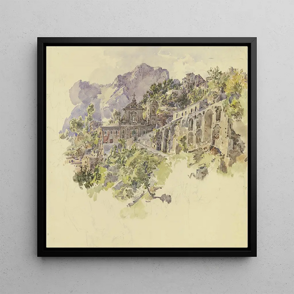 Monastère en montagne avec de grandes terrasses et escaliers - Johann Nepomuk Rauch