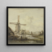molen voor een stad met een hoge toren, een vrouw wandelend op een afgebakend pad - Jan Hulswit — ingelijst kunstwerk aan de muur