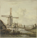 molen voor een stad met een hoge toren, een vrouw wandelend op een afgebakend pad - Jan Hulswit — weergave van het kunstwerk