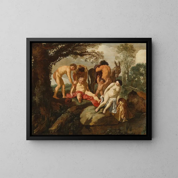 The Drunken Silenus with the Phrygian Peasants - Moyses van Uyttenbroeck — framed artwork on a wall