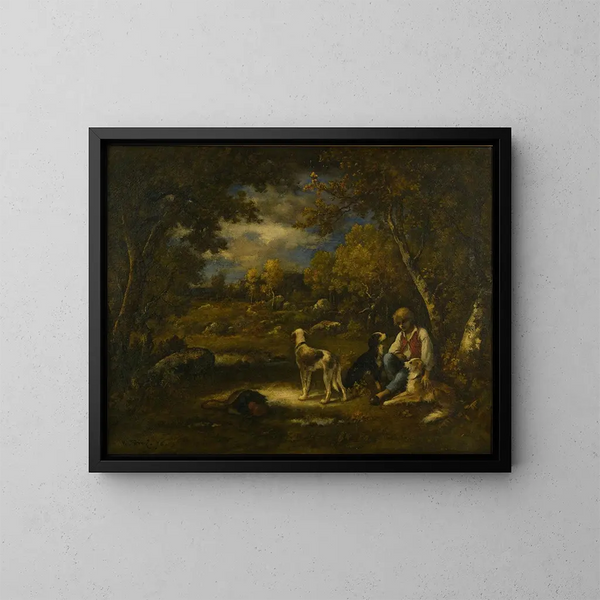 Boy with his dogs in a woods - Narcisse Virgile Diaz de la Peña — framed artwork on a wall