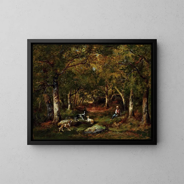 Kind en jachthonden in fort - Narcisse Virgile Diaz de la Peña — ingelijst kunstwerk aan de muur