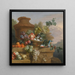 Natuurstudie met een mand fruit, een papegaai en een urn op een gesculpteerde stenen rand - Volgeling van Jakob Bogdny — ingelijst kunstwerk aan de muur