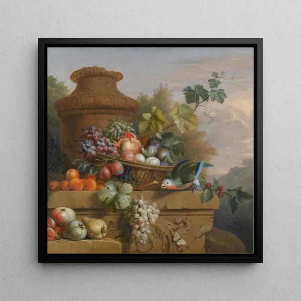 Kunstdruk Natuurstudie met een mand fruit, een papegaai en een urn op een gesculpteerde stenen rand - Volgeling van Jakob Bogdny