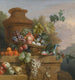 Natuurstudie met een mand fruit, een papegaai en een urn op een gesculpteerde stenen rand - Volgeling van Jakob Bogdny — weergave van het kunstwerk