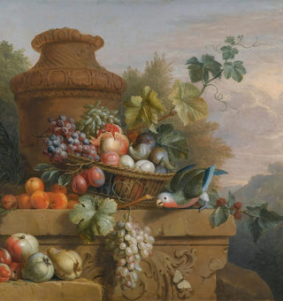 Stilleven met een mand fruit, een papegaai en een urn op een gebeeldhouwde stenen vensterbank - Volger van Jakob Bogdny