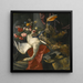 Natuurschilderij met pioenen, rozen en andere bloemen in een aardewerken vaas met een zwaan, een pauw en een varkenskop rustend op een rood tapijt en een antiek architecturaal fragment - Pieter Boel — ingelijst kunstwerk aan de muur