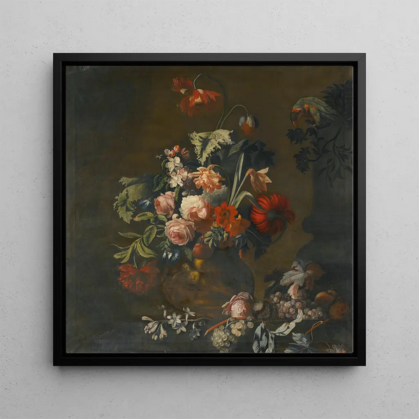 Nature morte de roses, tulipes panachées, pivoines et autres fleurs dans un vase sculpté, avec des raisins et un ara - Simon Verelst