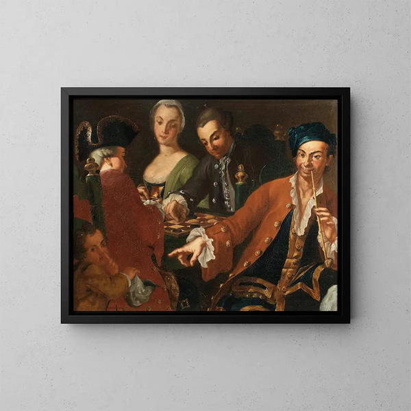 Two gentlemen and a lady playing chess while they are being robbed - Neapolitan School — framed artwork on a wall