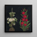 Nénuphars blancs dans une fontaine à deux niveaux et fleurs rouges aux feuilles pointues sur fond noir - Anoniem — ingelijst kunstwerk aan de muur