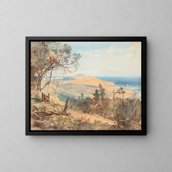 Bay of Sandfly and Seagull Rock near Dunedin - Nicholas Chevalier — framed artwork on a wall