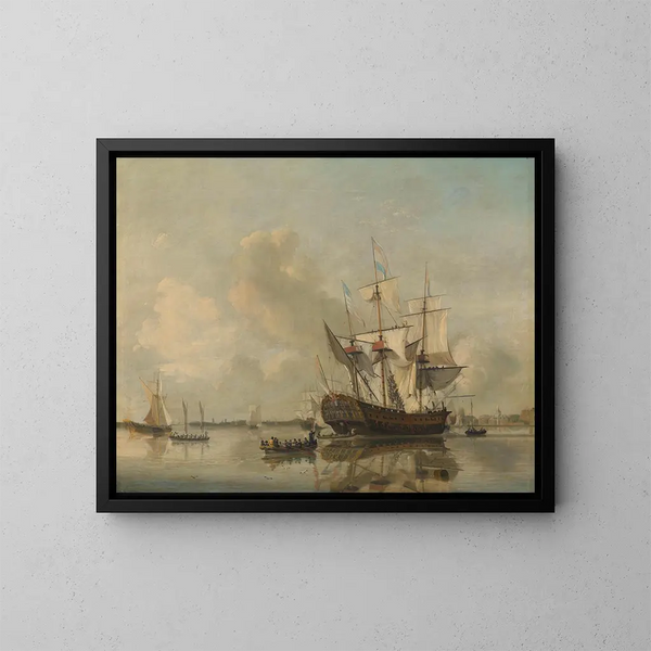 The naval frigate Rotterdam on the Meuse near Rotterdam - Nicolaas Baur — framed artwork on a wall