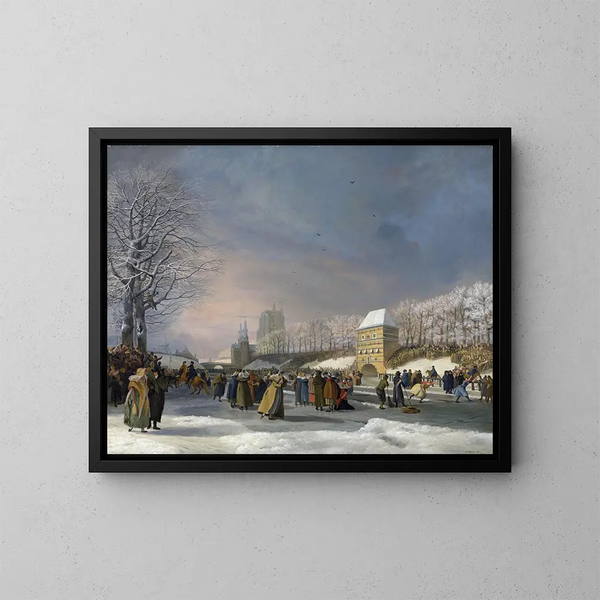 Female figure skating competition painting on the Stadsgracht in Leeuwarden, January 21, 1809 - Nicolaas Baur — framed artwork on a wall