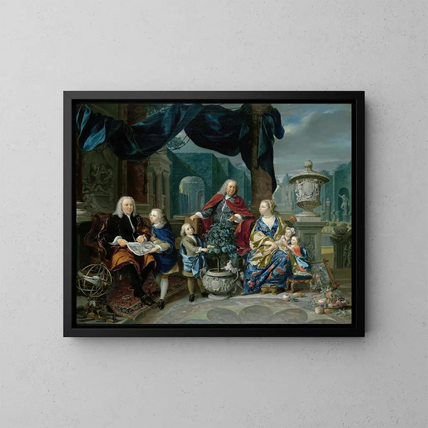 Portrait of David van Mollem with his family - Nicolaas Verkolje — framed artwork on a wall