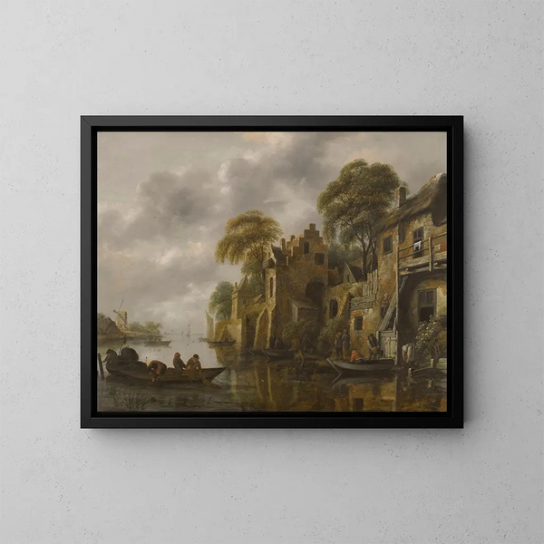 a river landscape with fishermen loading their nets near a city - Nicolaes Molenaer — framed artwork on a wall