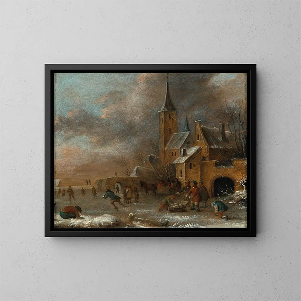 Winter landscape with skaters on the ice - Nicolaes Molenaer — framed artwork on a wall