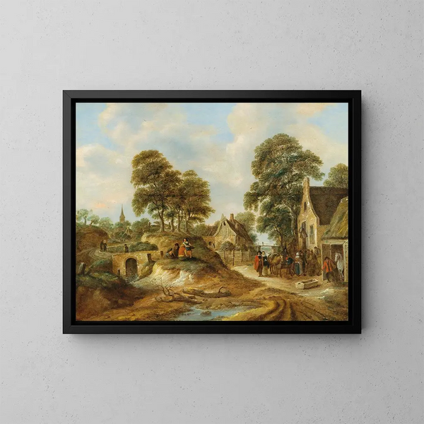 Voyageurs et paysans devant une auberge - Nicolaes Molenaer — framed artwork on a wall